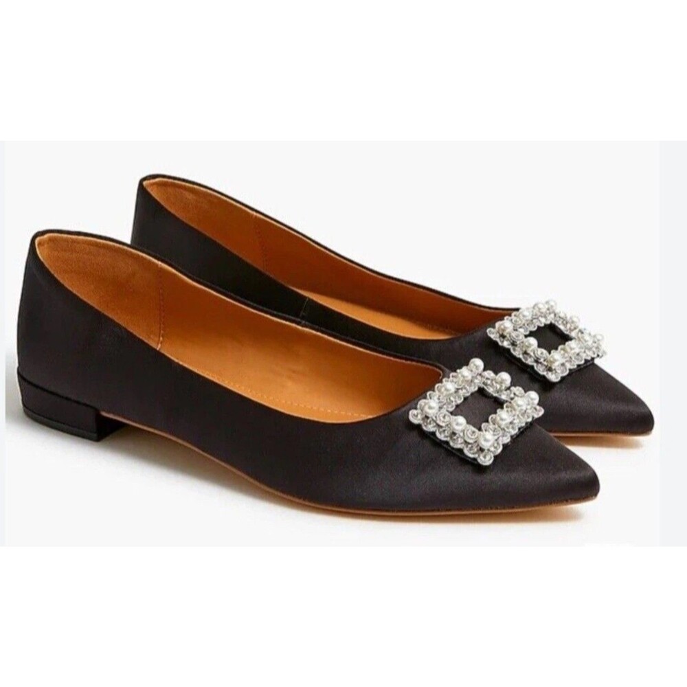 J.CREW Marina Pointy-toe Crystal Satin Black Flats US 7 Holiday Christmas